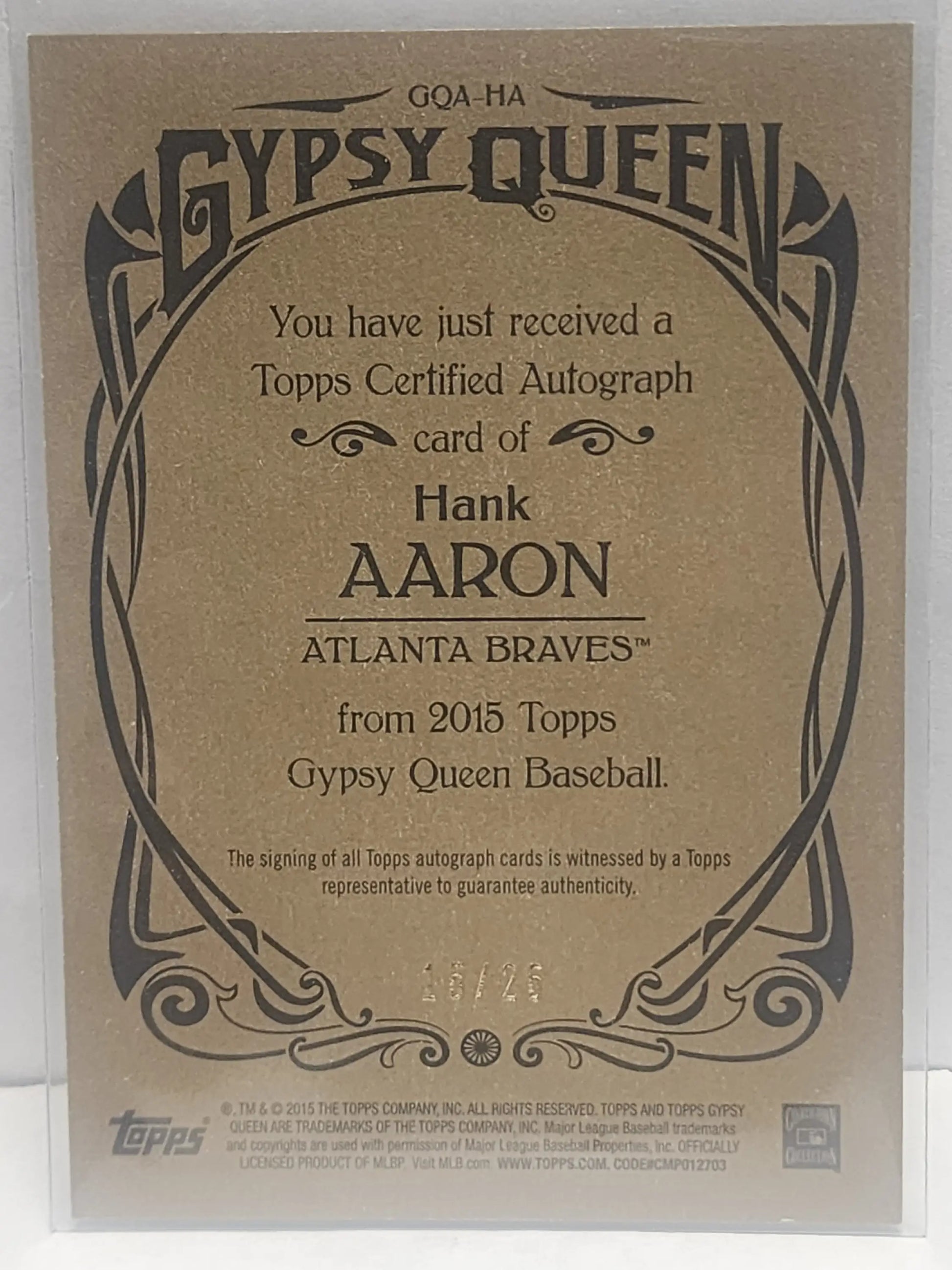 Hank Aaron 2015 Topps Gypsy Queen Gold Auto #15/25 baseball card with autograph