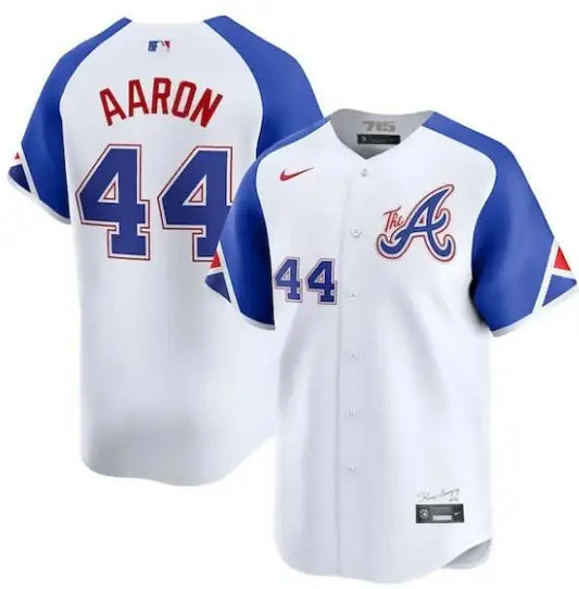 White and blue Hank Aaron Atlanta Braves Nike City Connect Retired Player Jersey