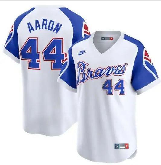 White and blue Hank Aaron Atlanta Braves Nike Throwback Cooperstown Limited Jersey