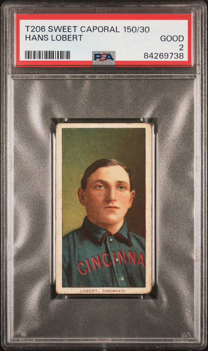 PSA-graded T206 Sweet Caporal baseball card of Hans Lobert in a dark green uniform