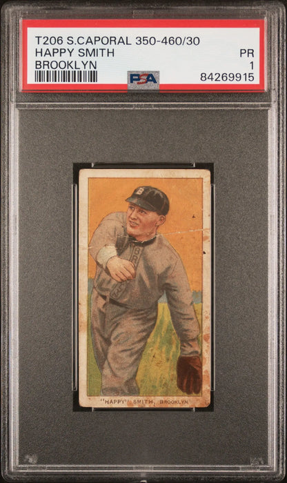 PSA-graded Happy Smith T206 Sweet Caporal baseball card featuring a pitcher in gray uniform