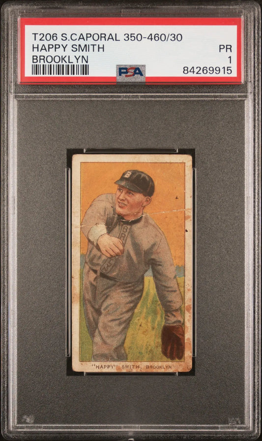 PSA-graded Happy Smith T206 Sweet Caporal baseball card featuring a pitcher in gray uniform