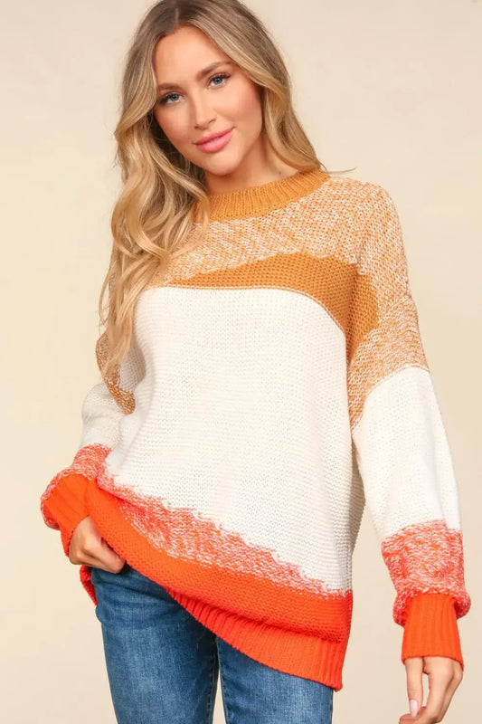Haptics Color Block Long Sleeve Sweater - Camel/Ivory/Orange / S - Apparel & Accessories > Clothing > Shirts & Tops >
