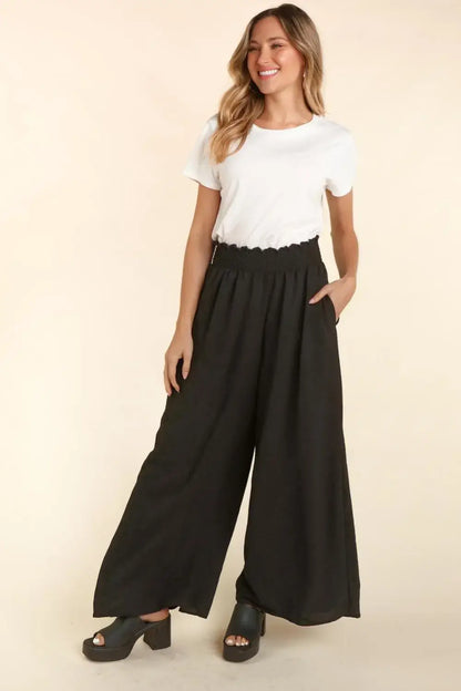 Haptics Elastic Waist Wide Leg Pants with Pockets - Black / S