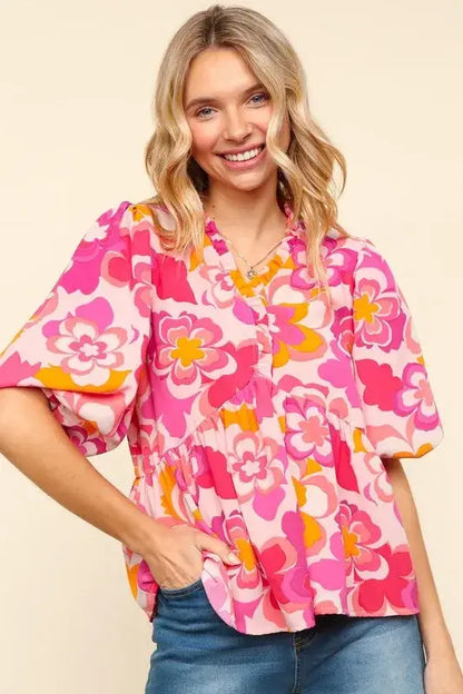 Haptics Full Size Frill Floral Puff Sleeve Blouse - Blush/Fuchsia / S
