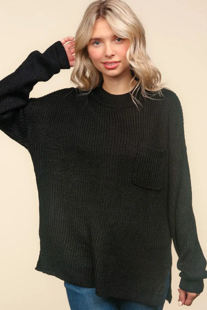 Haptics Mock Neck Side Slit Knit Top - Black / S