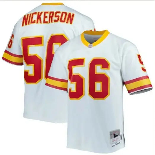 White and red Kansas City Chiefs Nickerson #56 football jersey displayed in Hardy Nickerson Buccaneers Legacy Replica Jersey