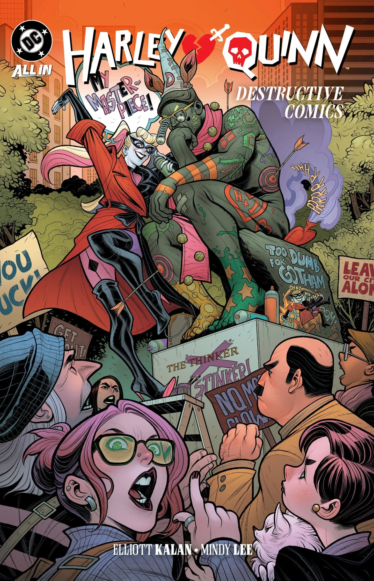 Harley Quinn comic cover with Thinker statue and protesting crowd in Gotham City
