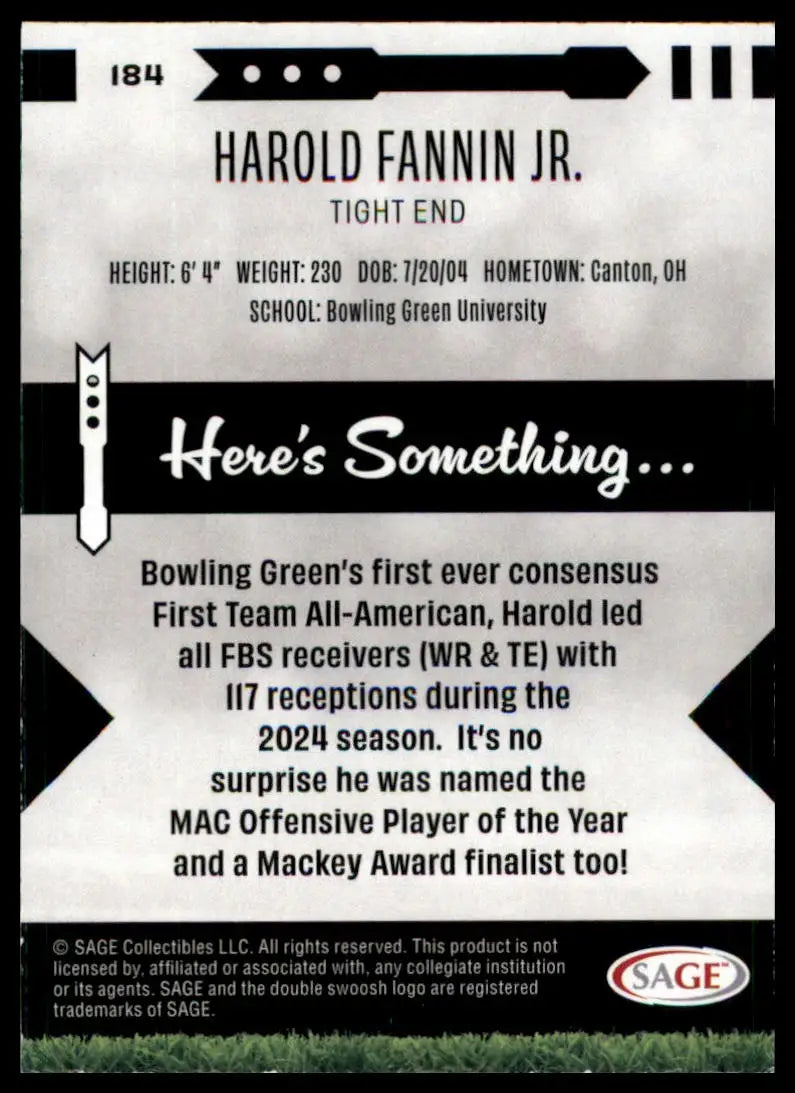 Harold Fannin Jr. football card from Sage Hit 2025 Bowling Green Falcons series