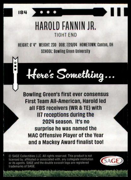 Harold Fannin Jr. football card from Sage Hit 2025 Bowling Green Falcons series