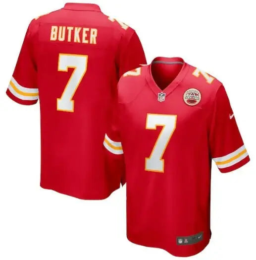 Red Harrison Butker Kansas City Chiefs football jersey with number 7 displayed
