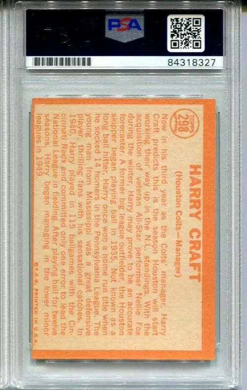 Graded Harry Craft Signed 1964 Topps #298 AUTO PSA/DNA Trading Card Houston Colt 45’s