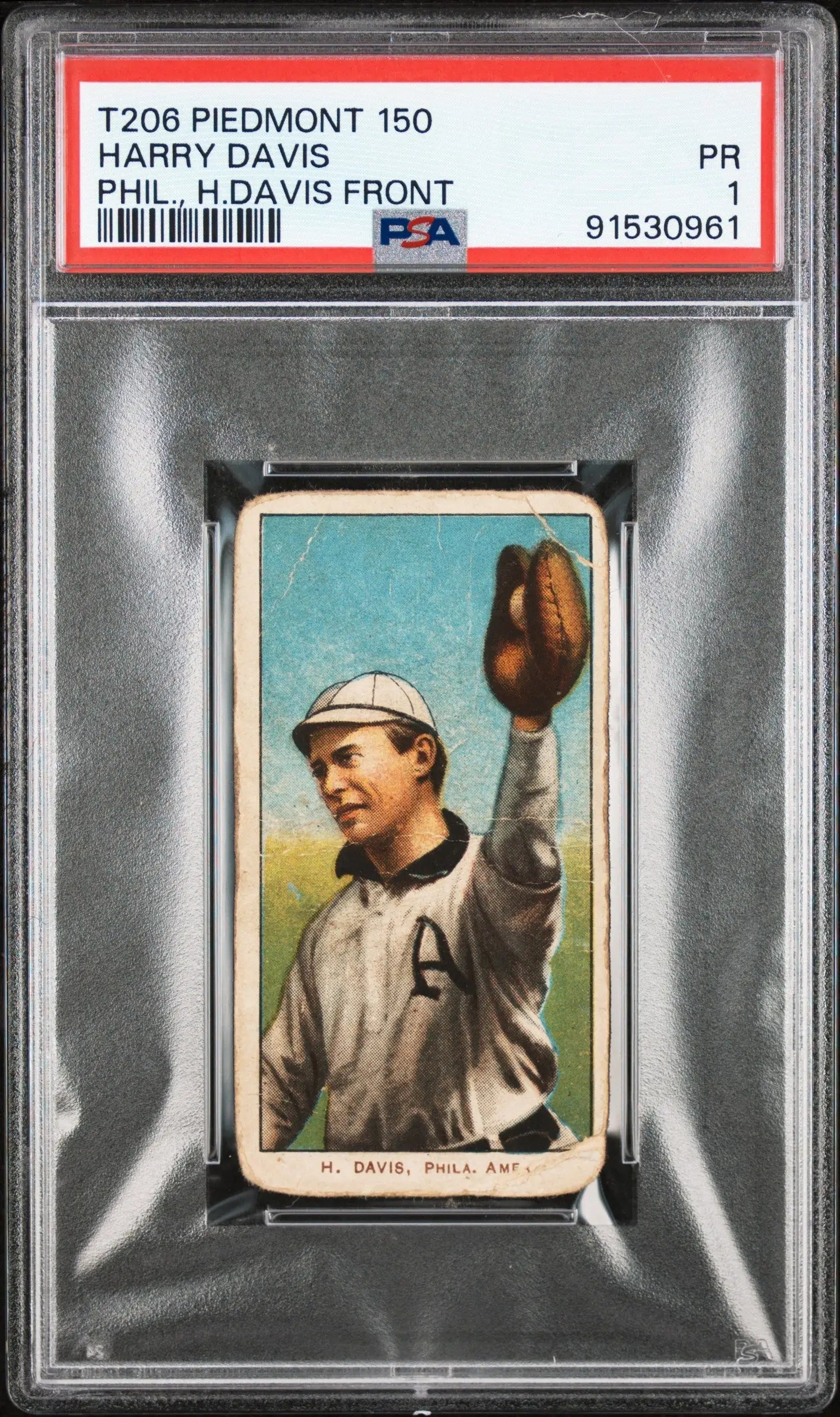 PSA-graded Harry Davis 1909-11 T206 Piedmont 150 baseball card in glove-catching pose