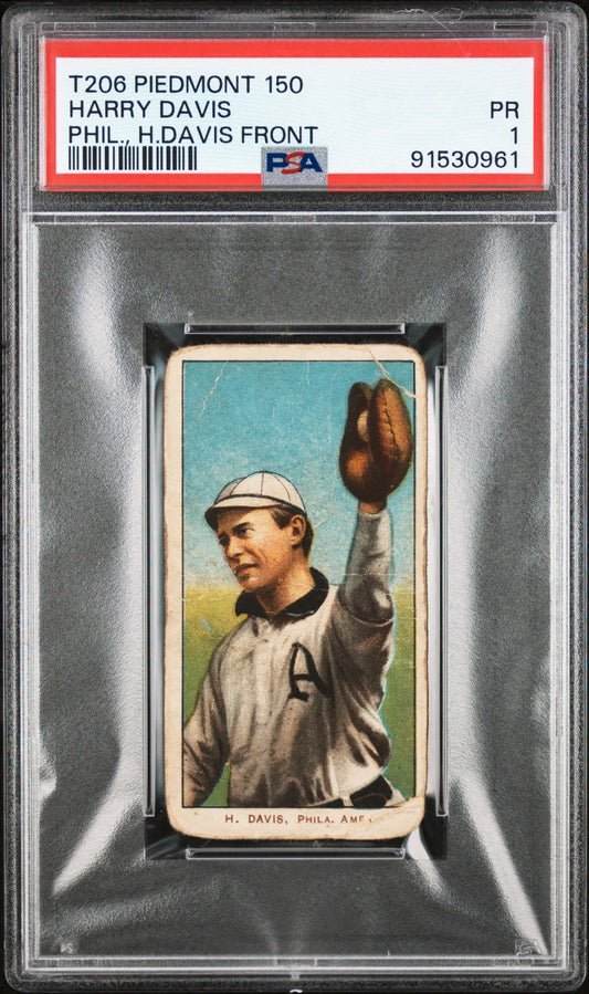 PSA-graded Harry Davis 1909-11 T206 Piedmont 150 baseball card in glove-catching pose