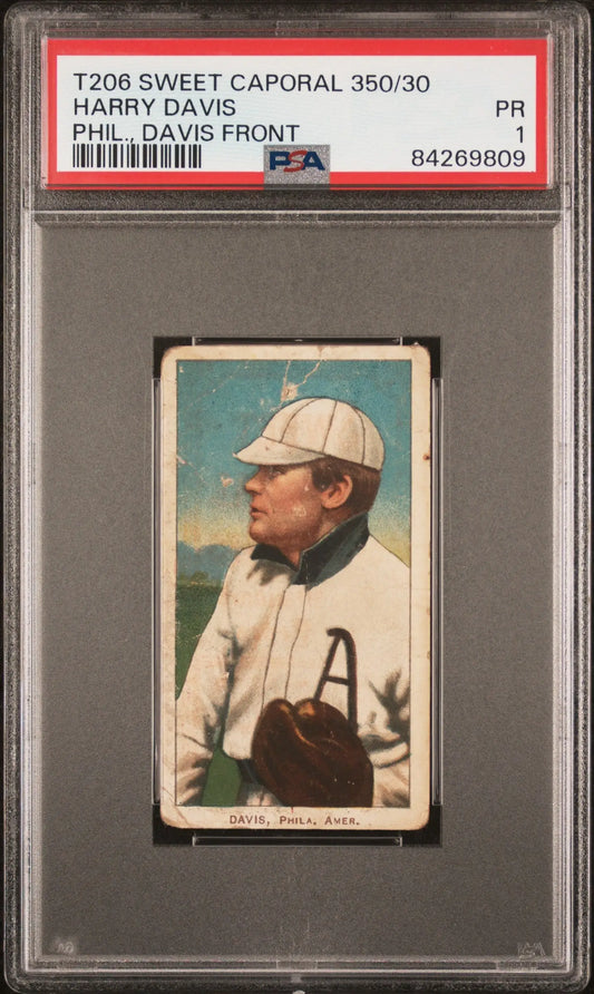 PSA-graded T206 Sweet Caporal card of Harry Davis in Philadelphia Athletics uniform