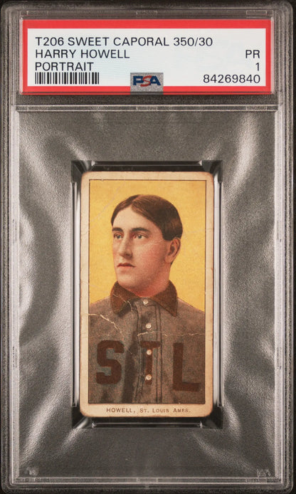 PSA-graded Harry Howell T206 Sweet Caporal card in St. Louis Browns uniform with yellow background