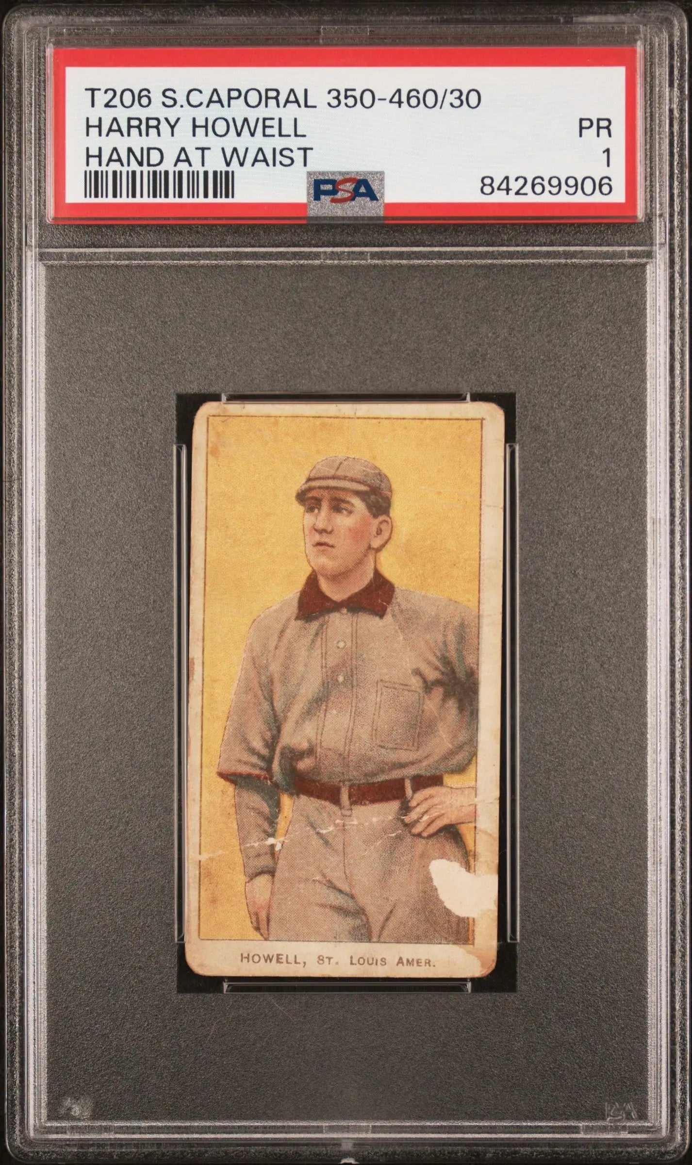 PSA-graded Harry Howell T206 Sweet Caporal baseball card in light uniform and cap