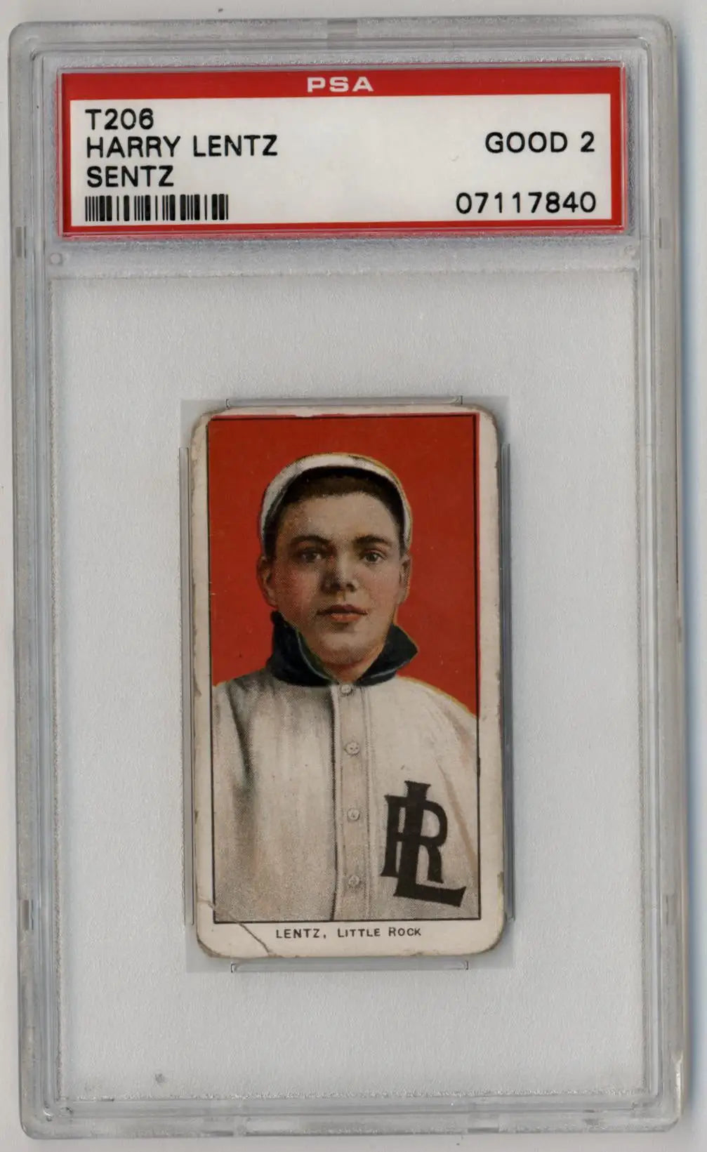 PSA-graded T206 Sentz card featuring Harry Lentz in a white uniform on red background