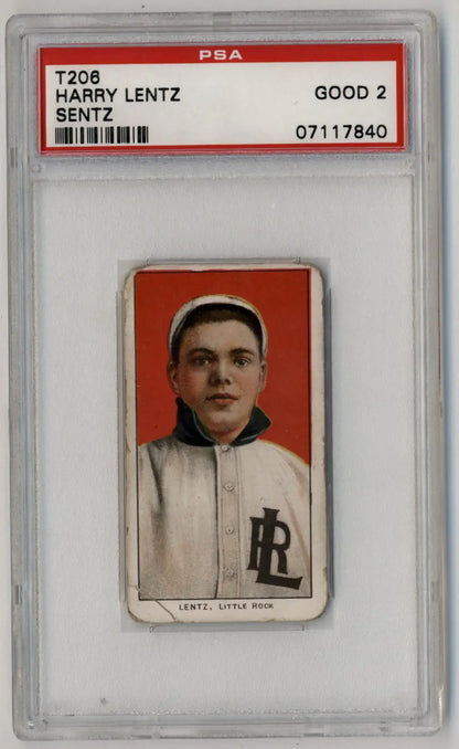 PSA-graded T206 Sentz card featuring Harry Lentz in a white uniform on red background
