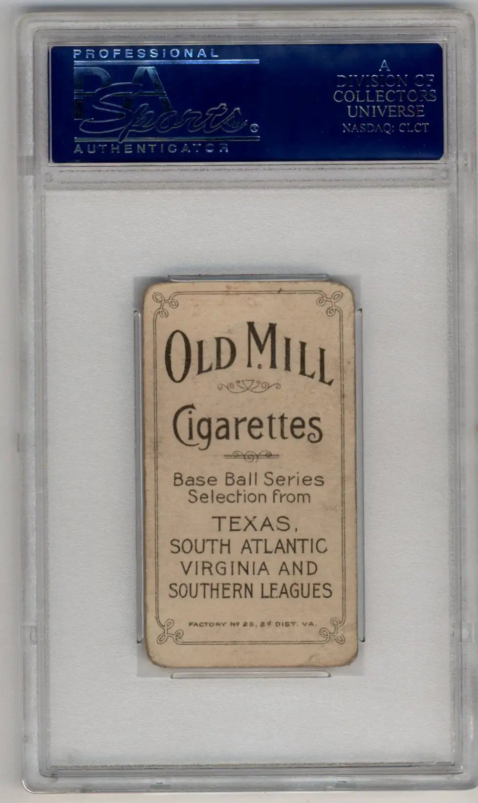 Vintage Old Mill Cigarettes baseball card back featuring leagues from Texas and the South