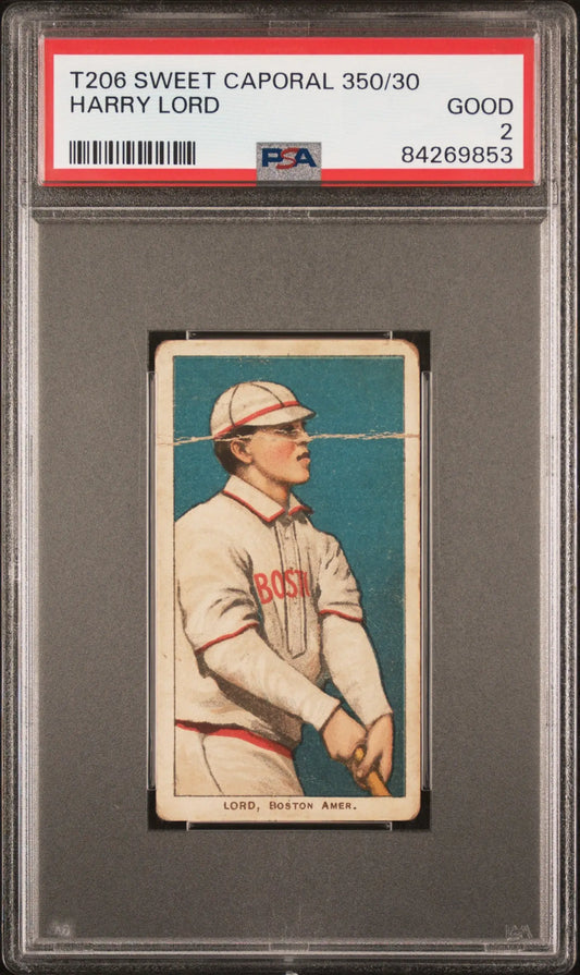 PSA-graded T206 Sweet Caporal baseball card of Harry Lord in Boston uniform