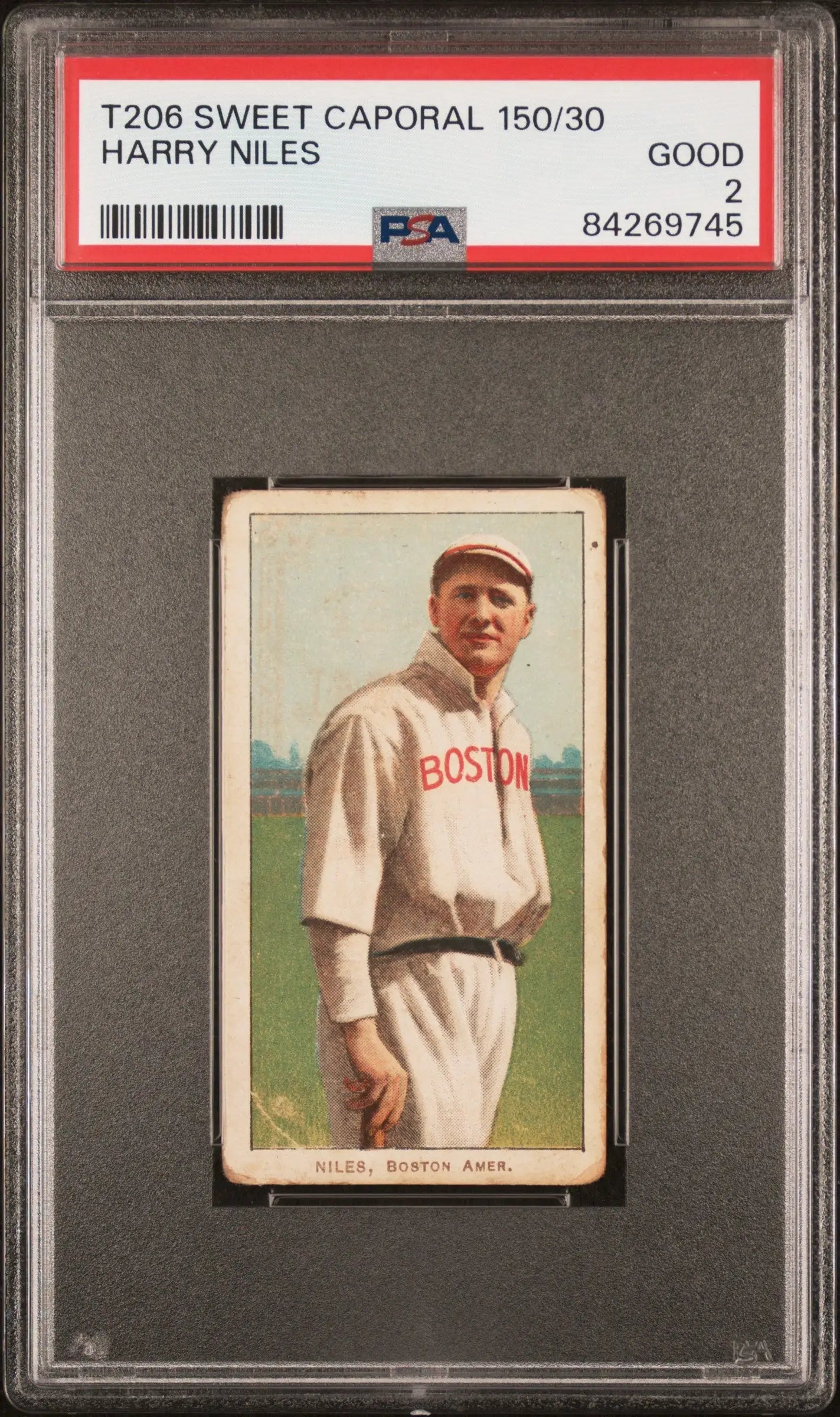 PSA-graded Harry Niles T206 Sweet Caporal baseball card with Boston text in white uniform