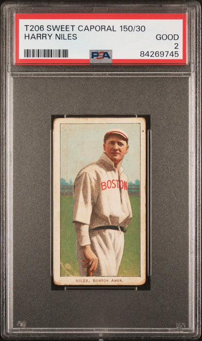PSA-graded Harry Niles T206 Sweet Caporal baseball card with Boston text in white uniform