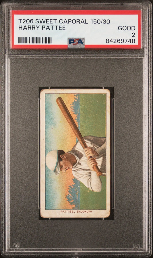 PSA-graded T206 Sweet Caporal Harry Pattee baseball card of Brooklyn player with bat