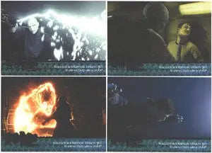 Four-panel collage of Harry Potter scenes in a foil stamped trading card set