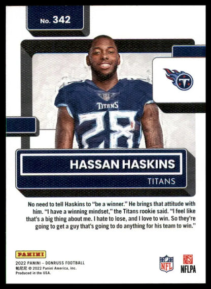 Hassan Haskins football card from 2022 Donruss Canvas series featuring Tennessee Titans