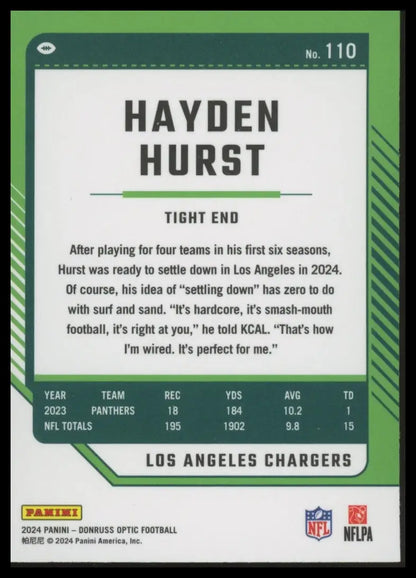 2024 Panini Donruss Optic Hayden Hurst football trading card Los Angeles Chargers
