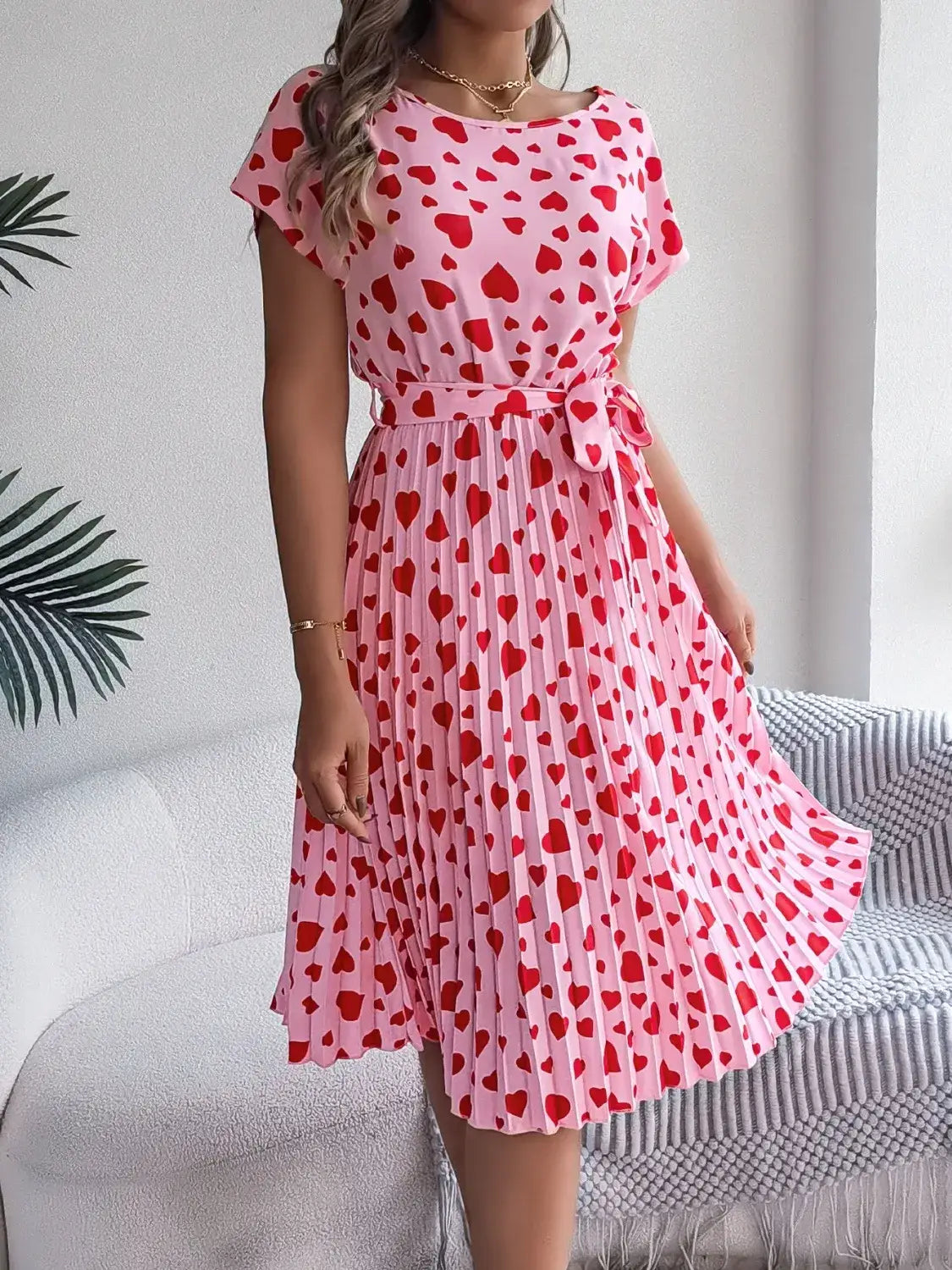Heart Print Short Sleeve Tie Waist Dress - dress