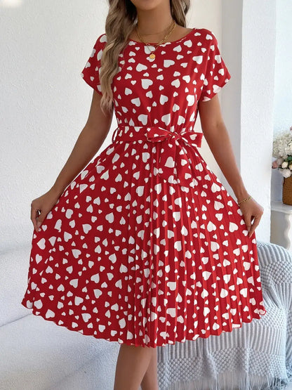 Heart Print Short Sleeve Tie Waist Dress - dress