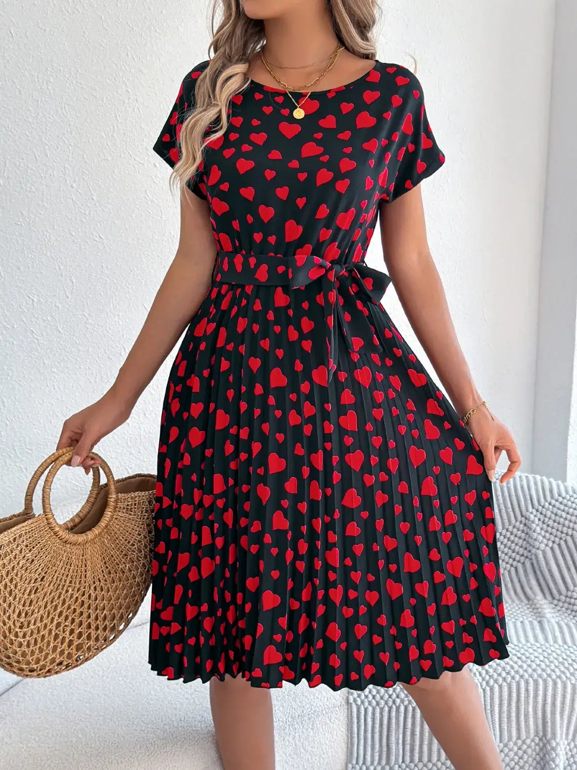 Heart Print Short Sleeve Tie Waist Dress - dress