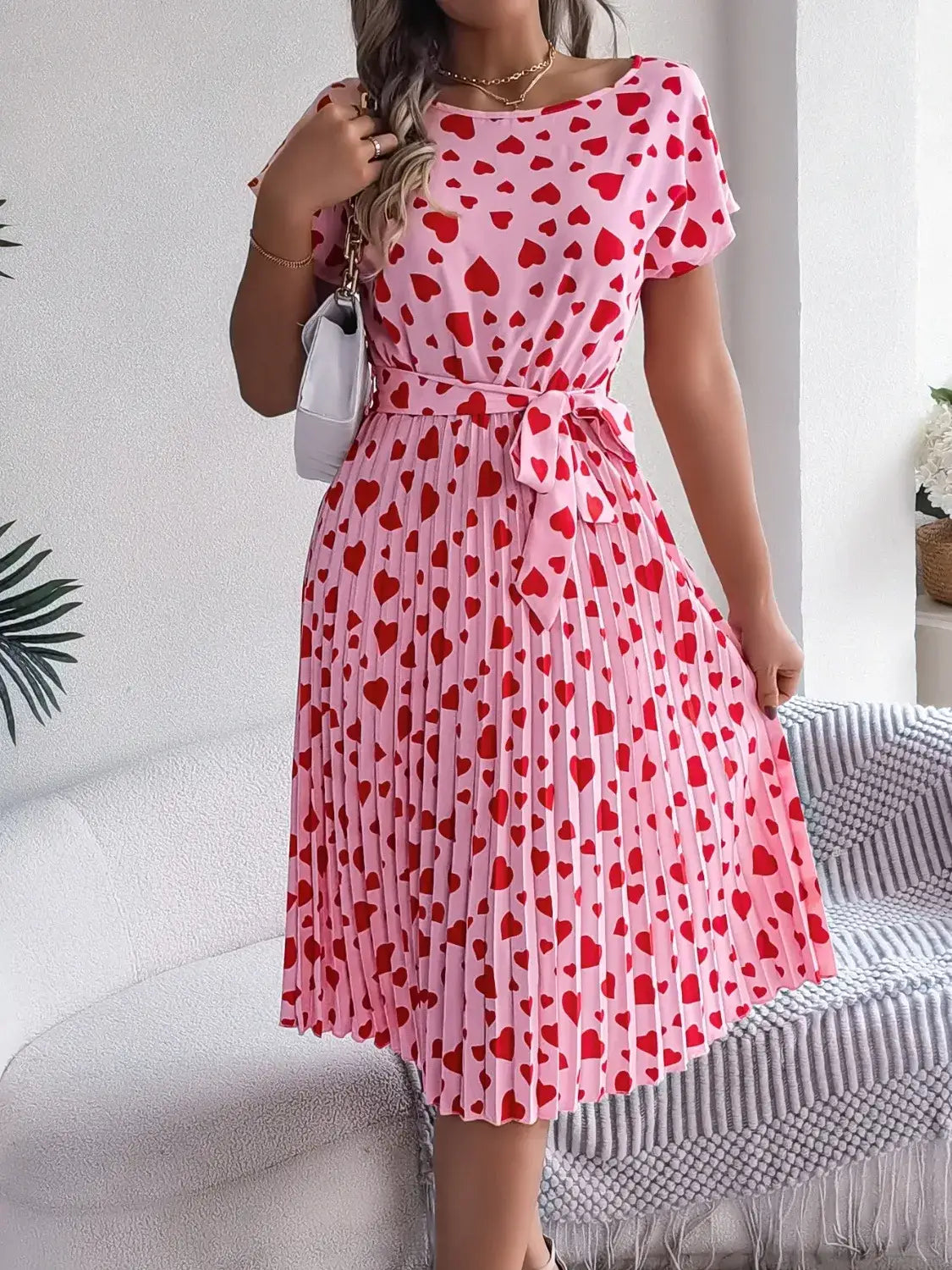 Heart Print Short Sleeve Tie Waist Dress - dress