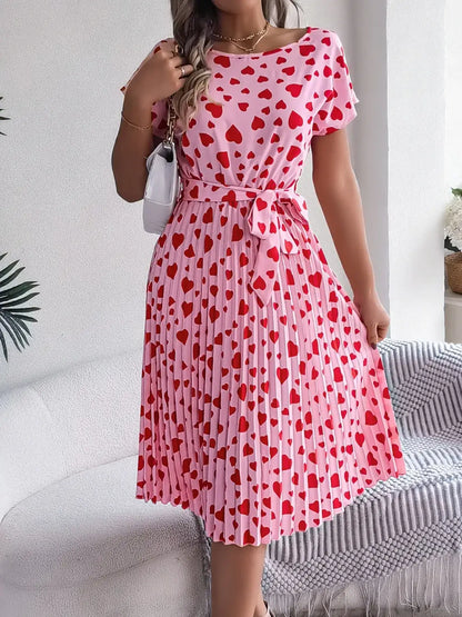 Heart Print Short Sleeve Tie Waist Dress - dress