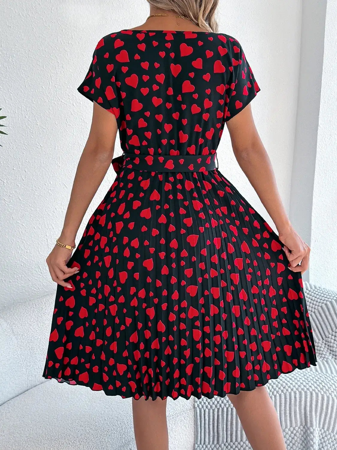 Heart Print Short Sleeve Tie Waist Dress - dress