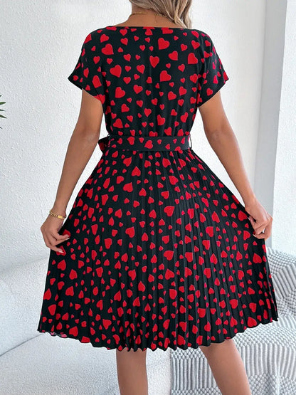 Heart Print Short Sleeve Tie Waist Dress - dress