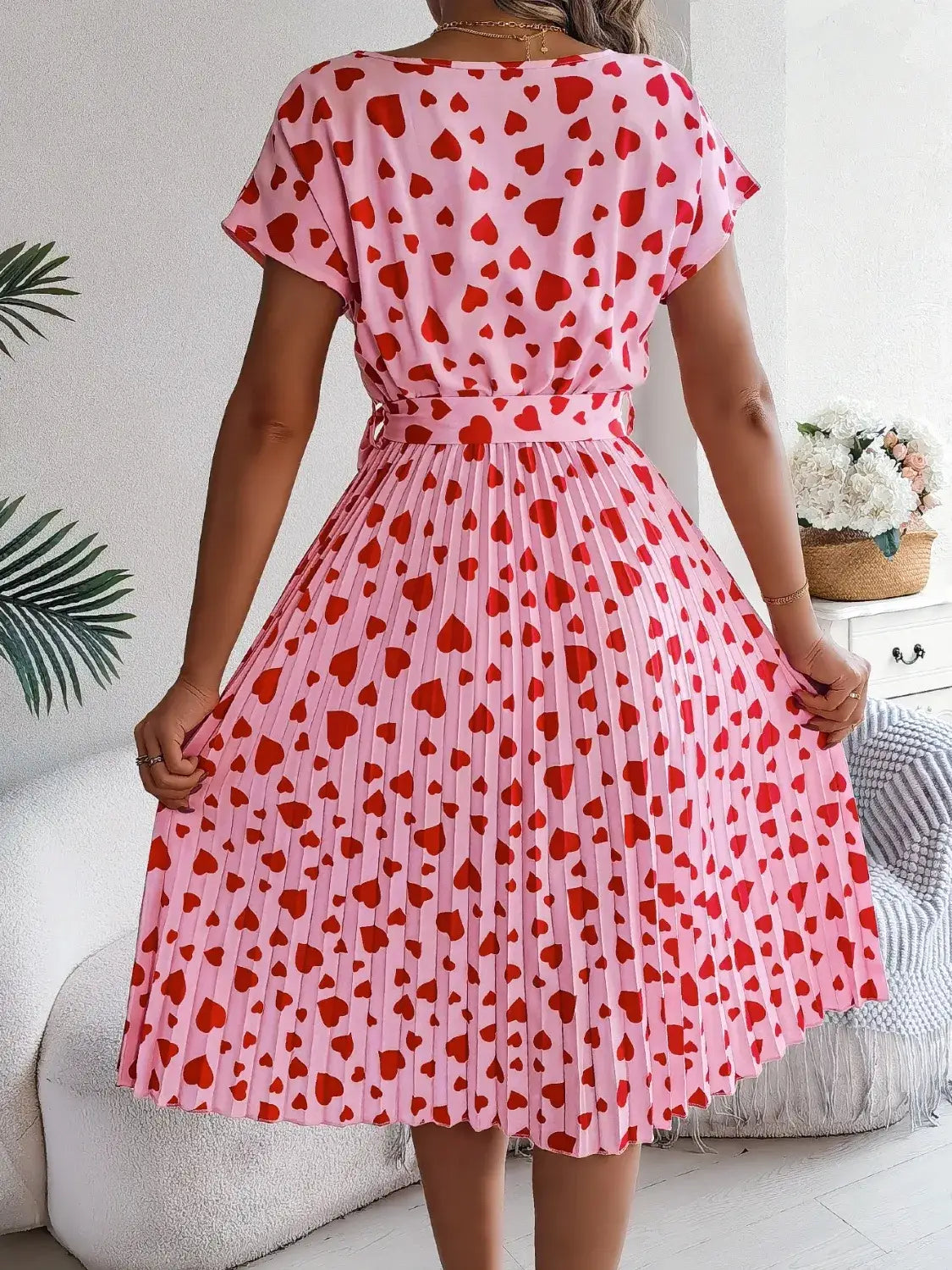 Heart Print Short Sleeve Tie Waist Dress - dress