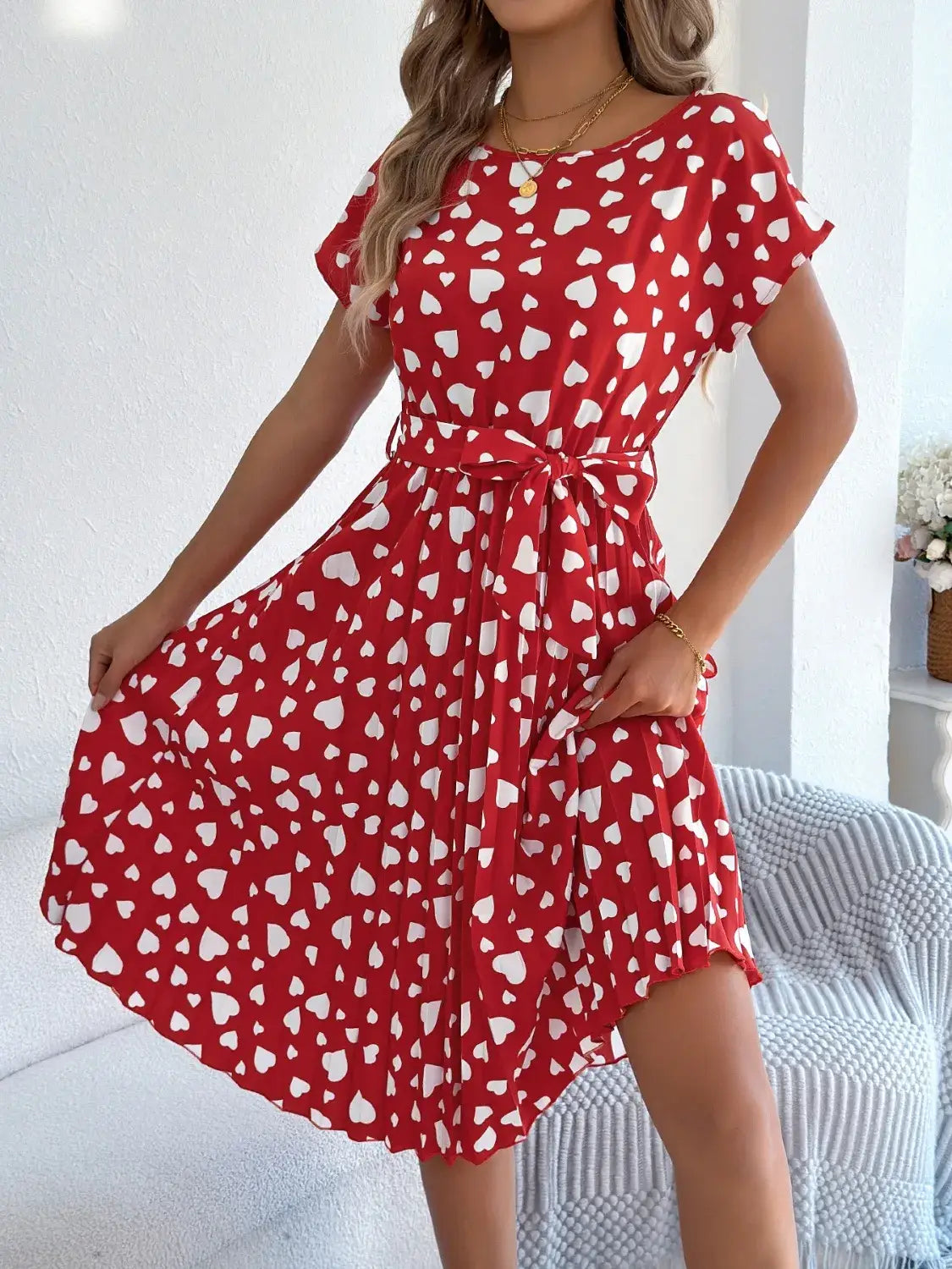 Heart Print Short Sleeve Tie Waist Dress - dress