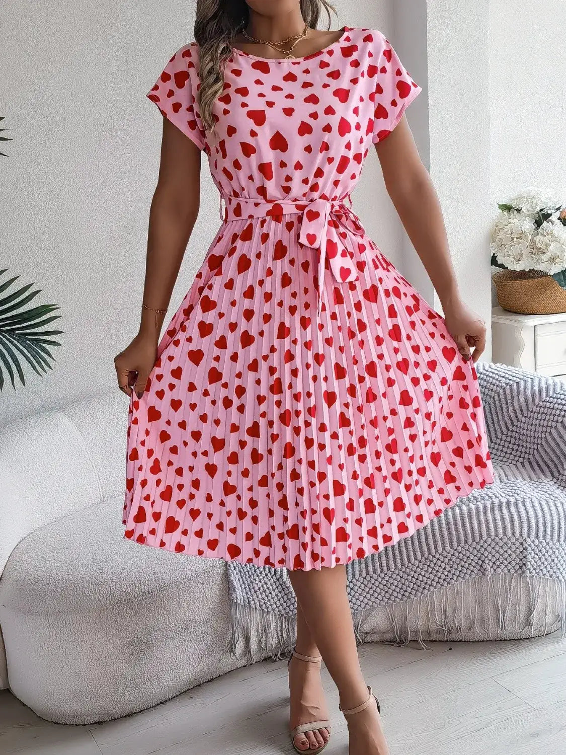 Heart Print Short Sleeve Tie Waist Dress - dress