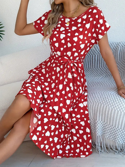 Heart Print Short Sleeve Tie Waist Dress - Deep Red / S - dress