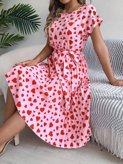 Heart Print Short Sleeve Tie Waist Dress - Strawberry / S - dress