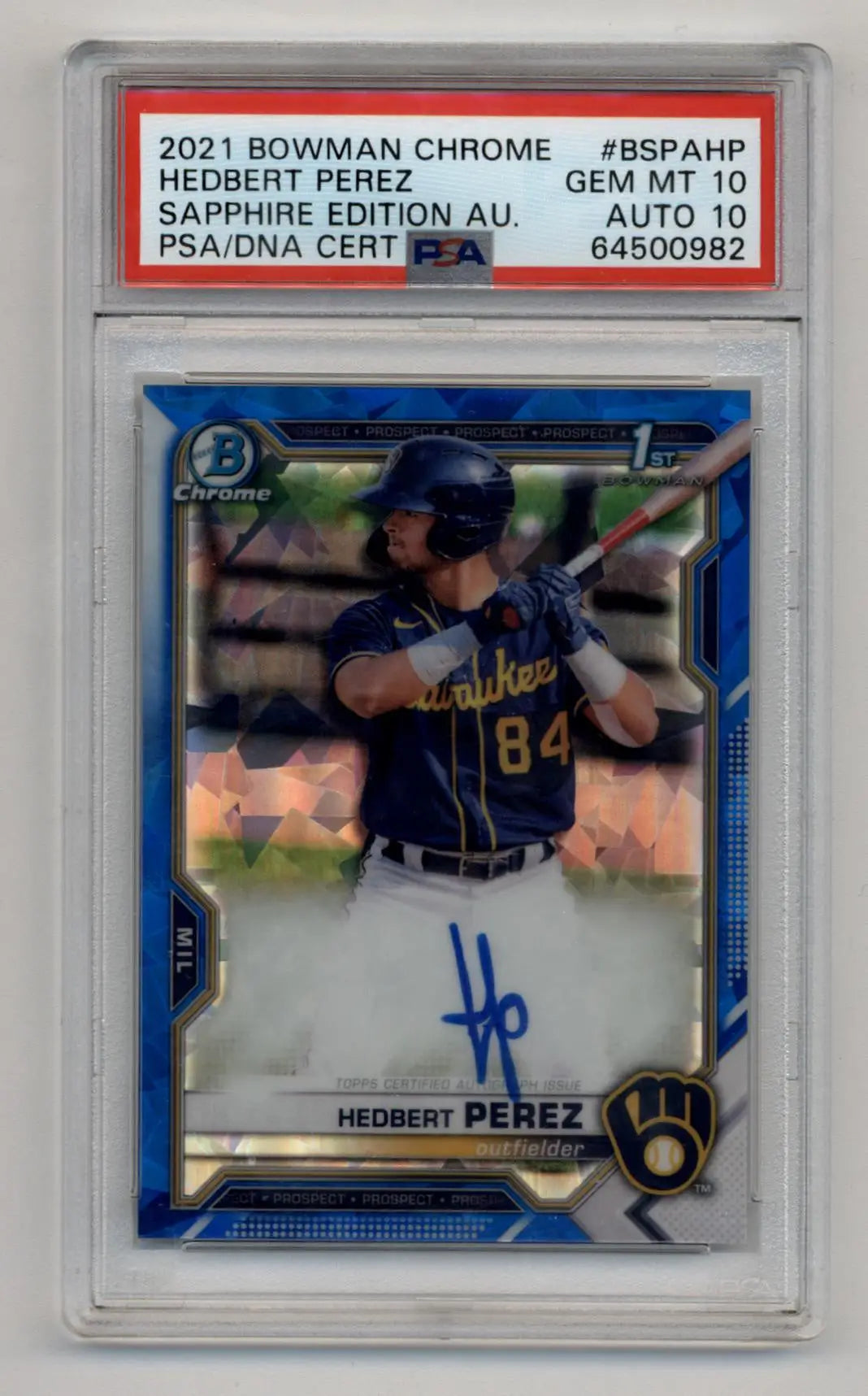 Hedbert Perez 2021 Bowman Chrome Sapphire Edition Auto PSA 10 Gem Mint Auto 10 - Singles