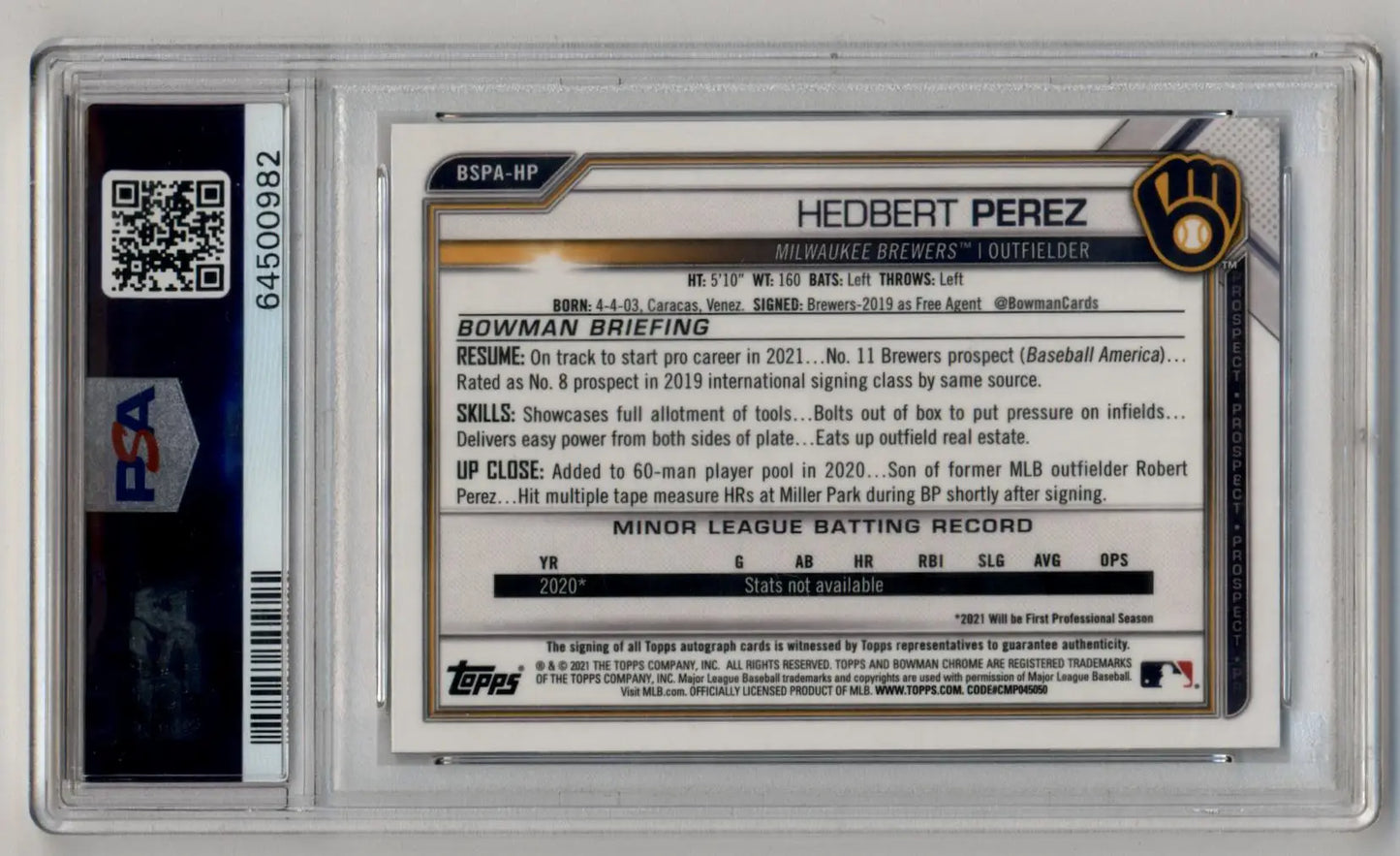 Hedbert Perez 2021 Bowman Chrome Sapphire Edition Auto PSA 10 Gem Mint Auto 10 - Singles