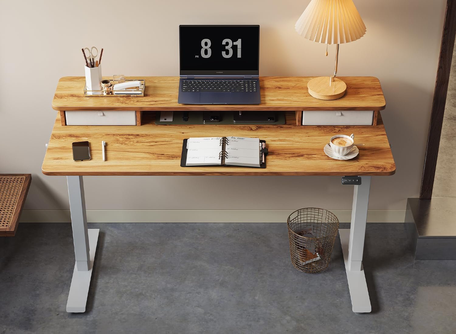 Height Adjustable Electric Standing Desk with Double Drawer-1