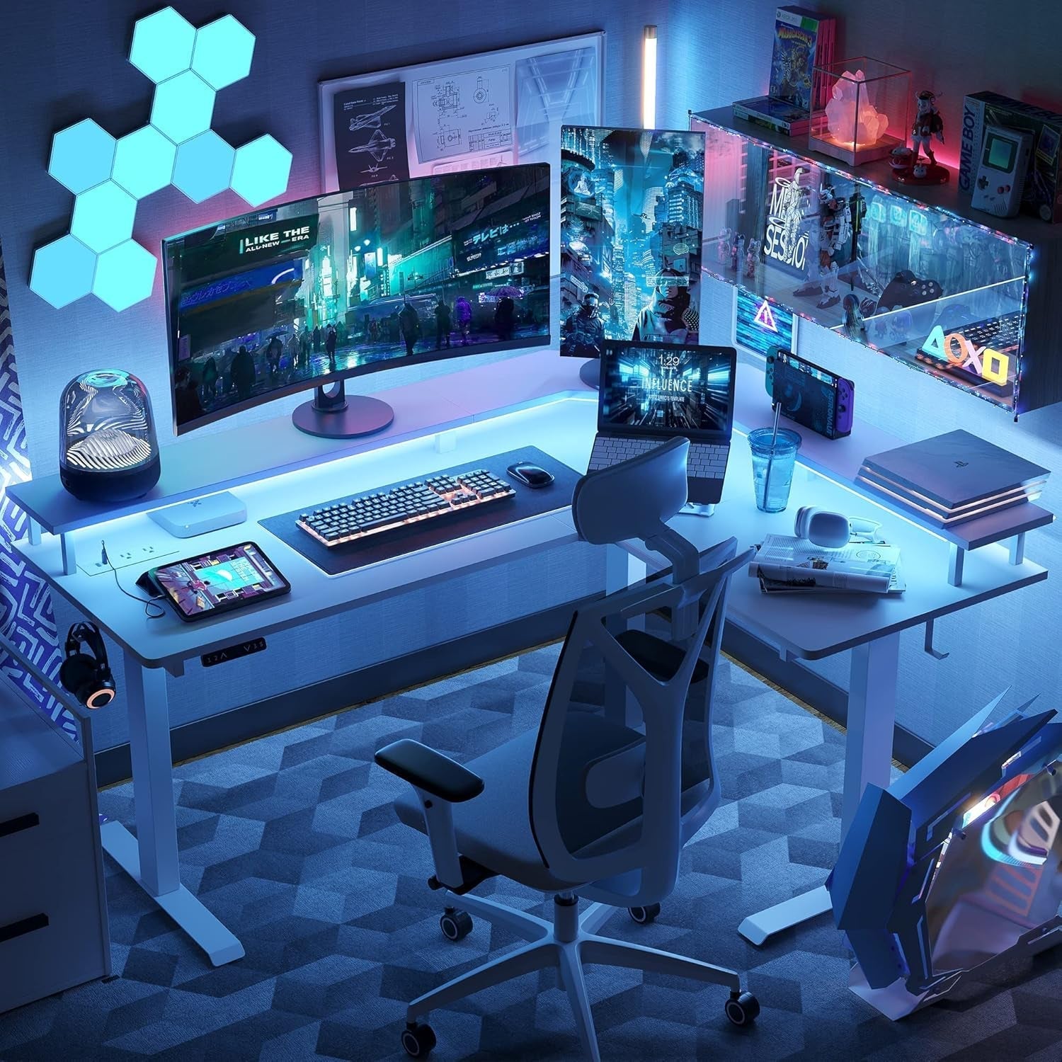 Height Adjustable L Shaped Standing Desk with Power Outlets-1