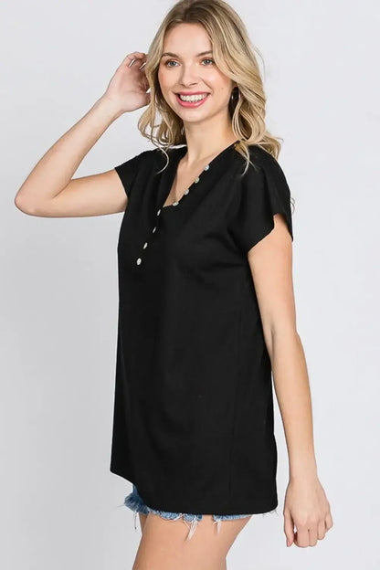 Black v-neck short sleeve T-shirt with ruffled sleeves and front button details