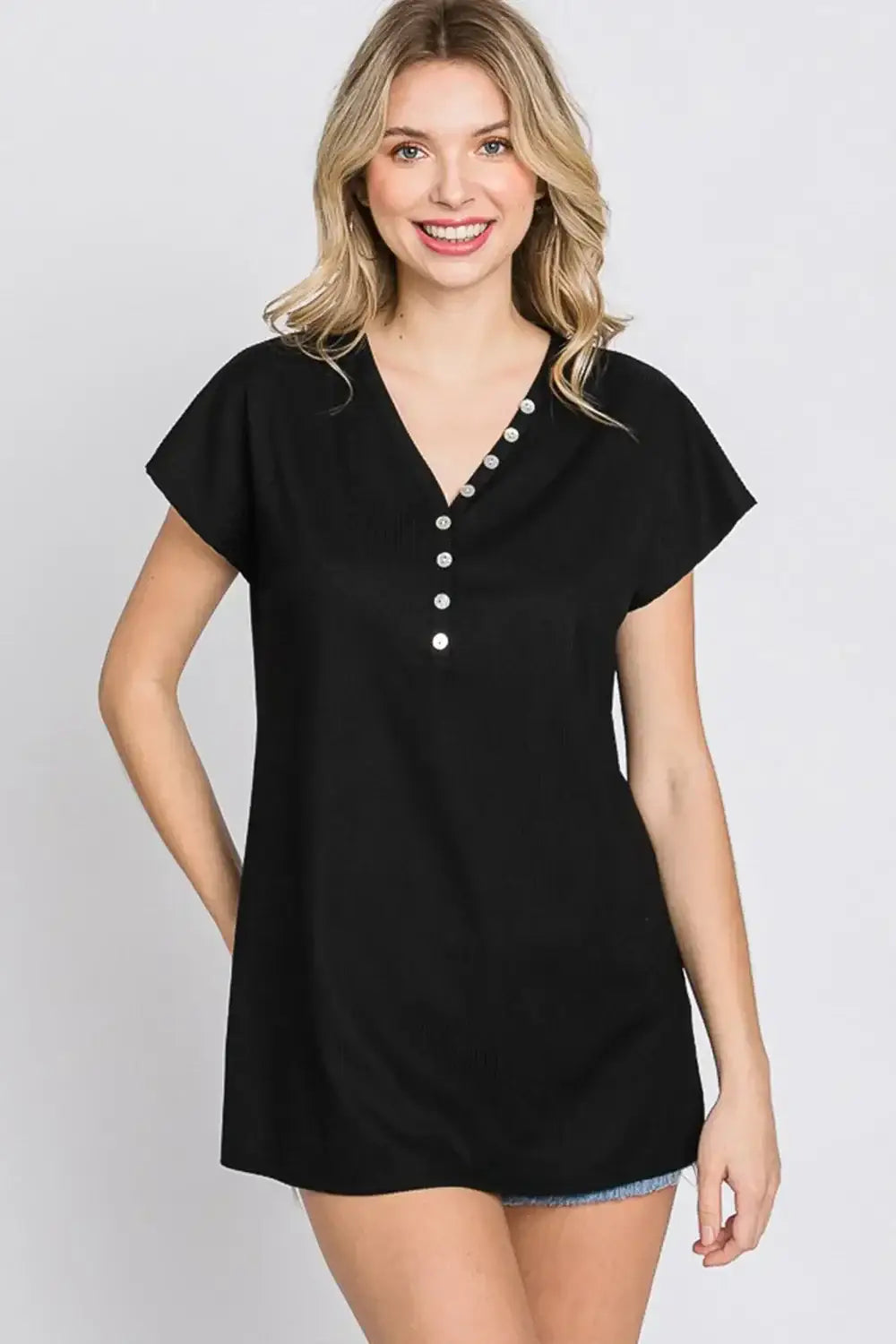 Black short sleeve button v-neck short tunic top with pearl buttons for women