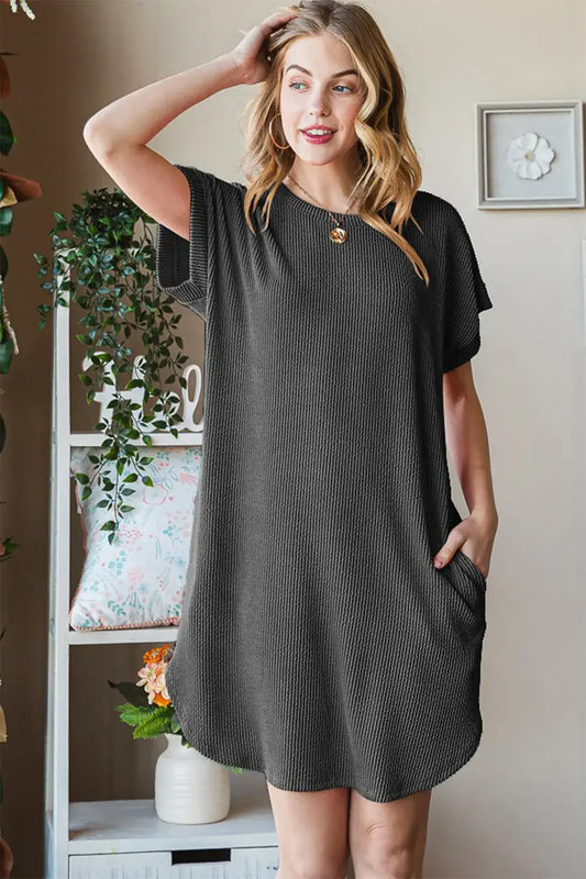 Heimish Full Size Ribbed Round Neck Short Sleeve Tee Dress - Charcoal / S